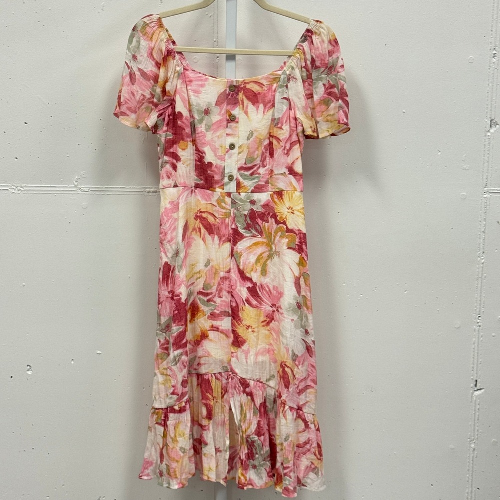 Boutique Luxology Floral Midi Dress Smocked Back Puff Sleeve Size S Yellow Pink‎